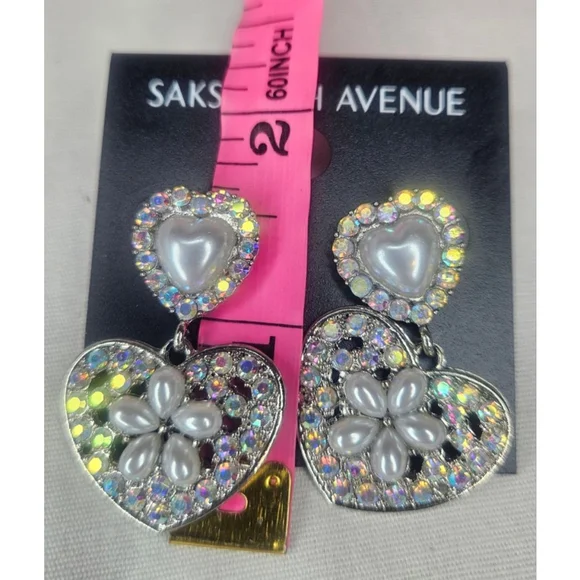 Saks Fifth Avenue Heart Drop Earrings Pearl & AB Rhinestone Dangle Earrings NWT - Picture 6 of 10